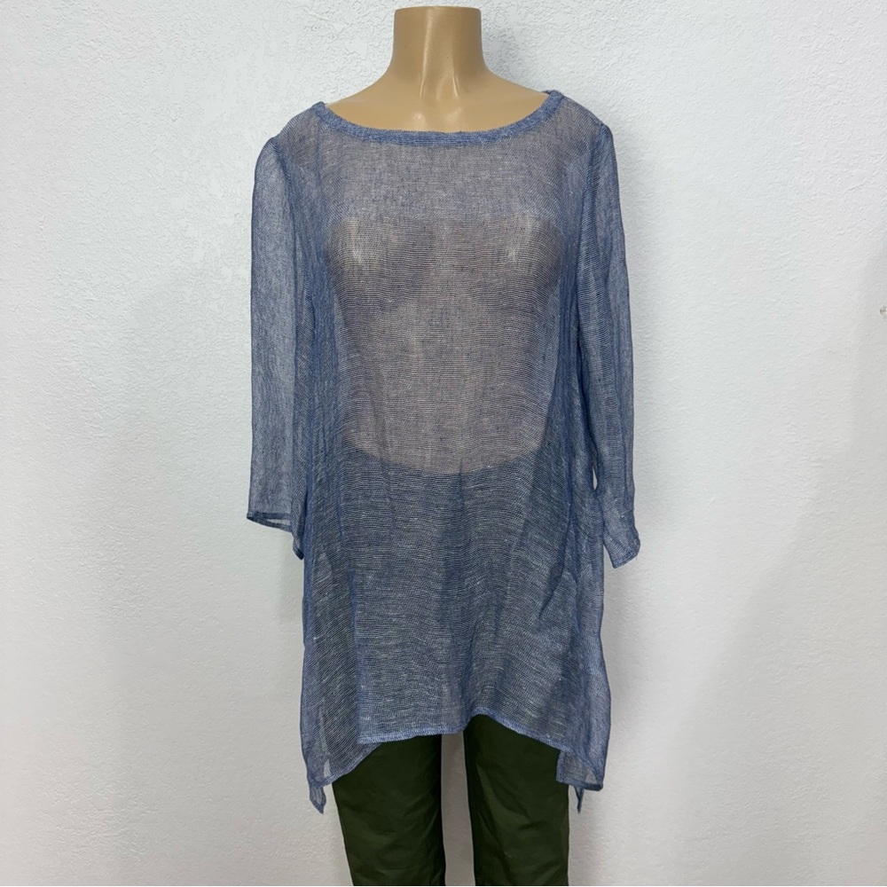 Eileen Fisher organic linen beach cover up tunic Blue 3/4 sleeve Top large